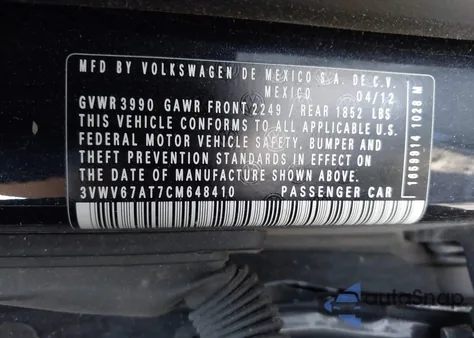 2012 Volkswagen Beetle 2.0T Turbo z USA, uszkodzony, nr VIN 3VWV67AT7CM648410